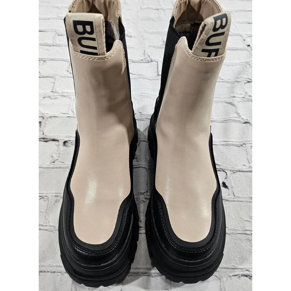 Buffalo Aspha Mid Vegan Leather Black Beige Chelsea Ankle Boots WOMENS SIZE 6.5